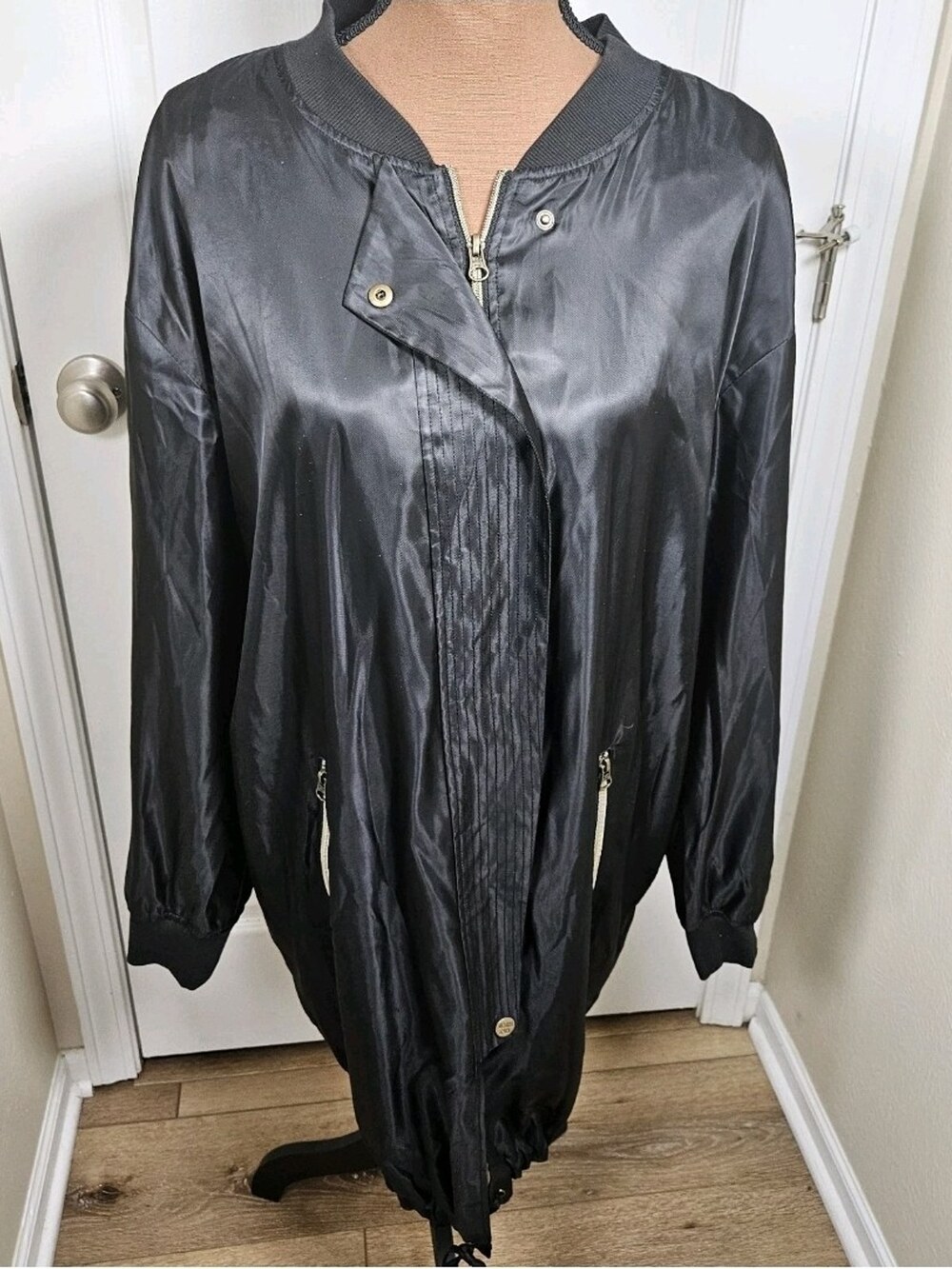 Victoria Sport Bomber Jacket Black Satin Zip Gold Hardware Women's Size Large